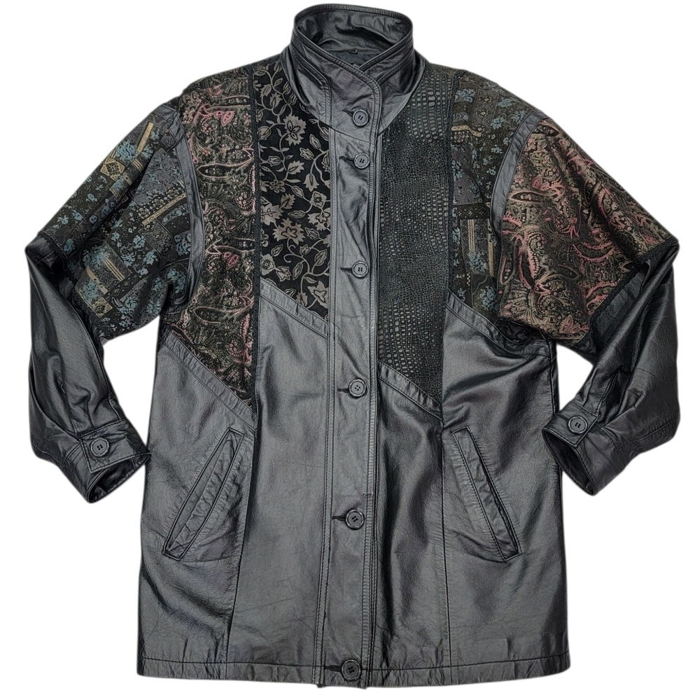 Vintage Pelle Black Floral Leather Jacket 80s Boxy Oversized Moto Retro Womens S